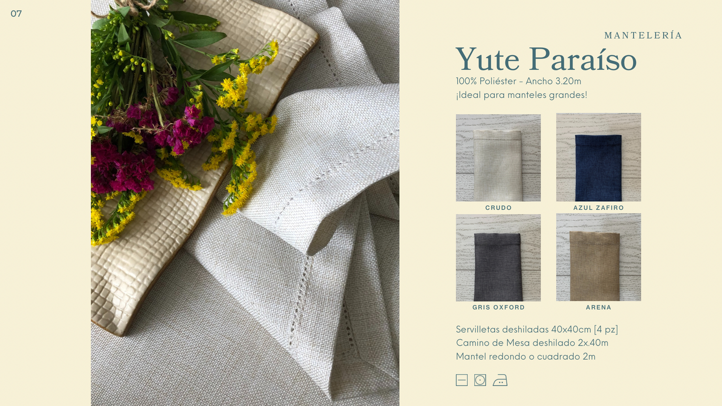 MANTEL YUTE PARAÍSO AZUL ZAFIRO CON POMPONES